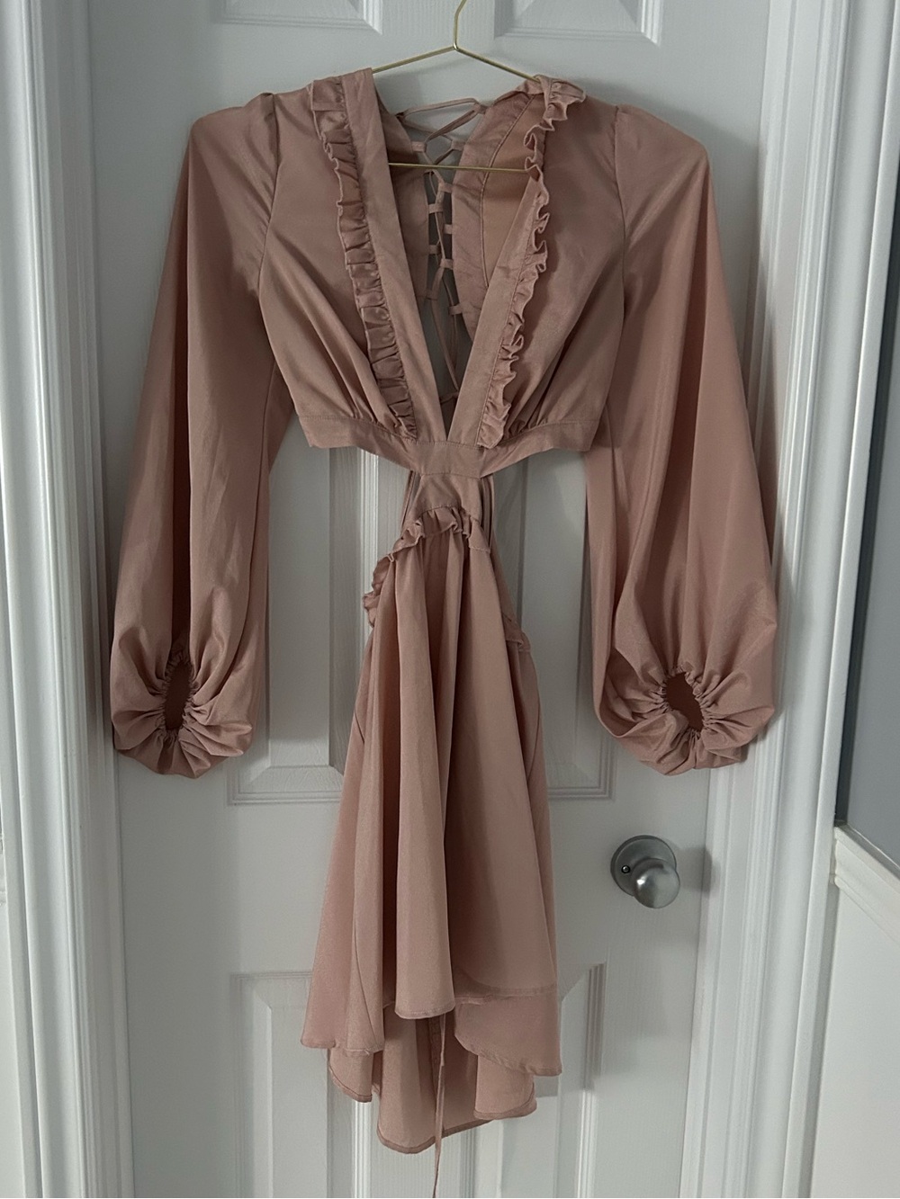 Dusty Rose Ruffle Deep-V Long Sleeve Mini Dress - Dress Day - Small